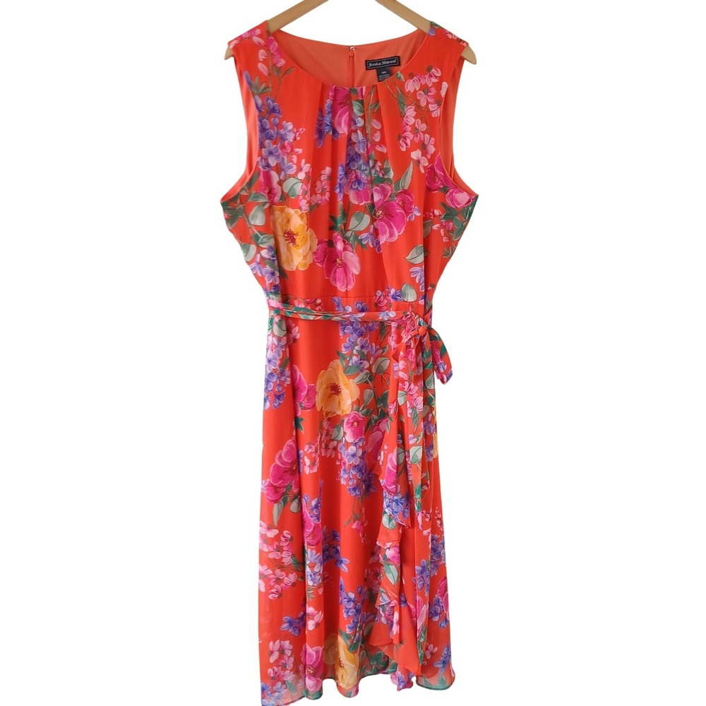 Jessica Howard 18W Orange Floral Sleeveless Pleated Midi Dress Ruffle Hem Belted - Picture 2 of 11